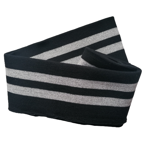Zwarte cuff (boordstof) met zilveren glitter strepen - 1,2 m