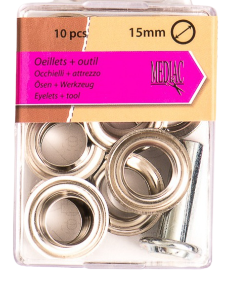 Zilverkleurige nestelogen 15 mm - 10 stuks & bevestigingsmateriaal