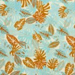 Linnen-viscose mengeling met blauw/bruin tropisch bladmotief