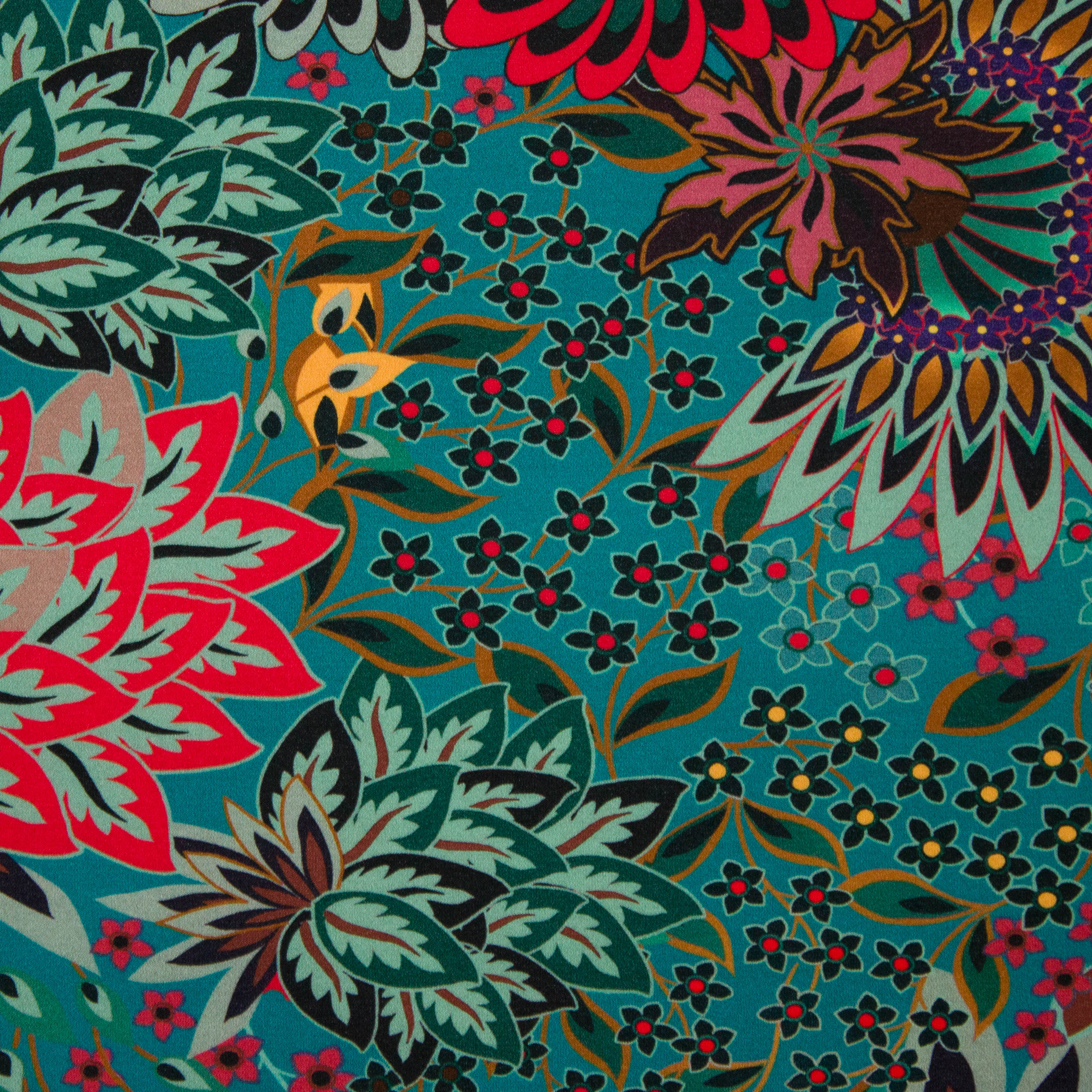 Polyester tricot blauw met multicolor bloemen motief