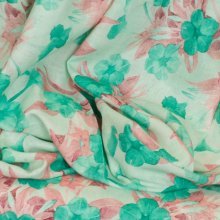 Munt viscose linnen met groene en donkerroze trompetbloemen