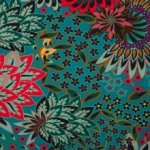 Polyester tricot blauw met multicolor bloemen motief