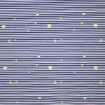 Blauw en wit gestreepte tricot met fluogele sterren en tekst  'TROUBLEMAKER'