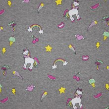 Grijs gemeleerde tricot met eenhoorns en diverse vrolijke motiefjes