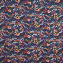 Donkerblauwe katoen met motief van bloemen, planten en gieters