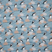 Blauwe tricot met papegaaiduikers motief