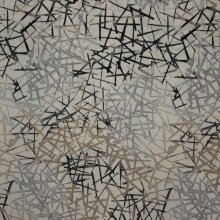 Ecru polyester met grijze en beige abstract motief
