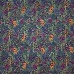 Blauwe modal french terry met blaadjes, bomen en bloemen motief