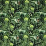 Zwarte sweaterstof met groene dino's en planten