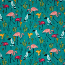 Petrol french terry met vogels en cactussen