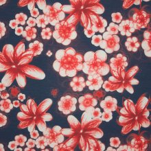 Blauwe modal tricot met bloemen in koraal en ecru tinten