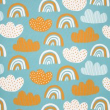 Turquoise tricot met oker, blauwe en witte regenbogen en wolken