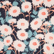 Blauwe structuurstof/ jacquard met witte bloemen