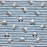 Witte tricot met blauwe strepen en monstertrucks