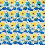 Witte katoen tricot met blauwe en gele bloemen