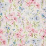 Witte katoen met lichte glans met roze en blauwe bloemen