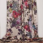 Nude licht rekbare polyester met multicolor bloemenmotief van 'Miss Doodle'