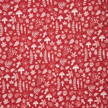 Rode tricot met bladeren en paddenstoelen