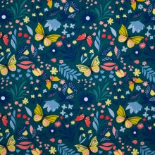 Petrolkleurige french terry met bloemen en vlinders