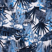 Witte tricot met blauwe tropische bladeren