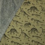 Groene gemêleerde sweaterstof met dino skeletten, achterkant grijs pelsje