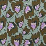 Viscose crêpe met bloemen in groen, paars en bruin