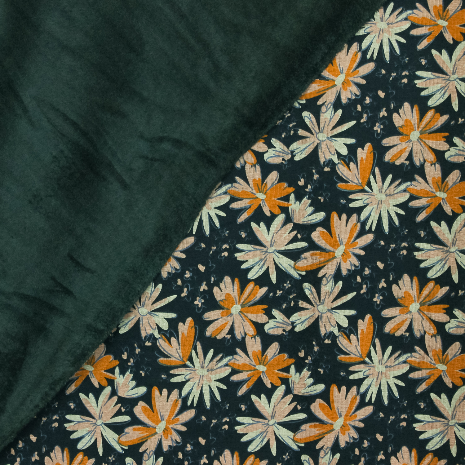 Sweaterstof blauw met bloemen  - zachte achterzijde -