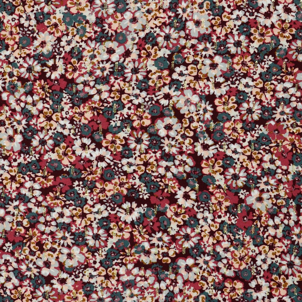 Viscose lurex bordeaux met bloemen en gouden streepjes - Poppy