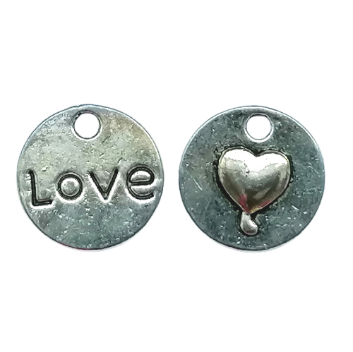 Dubbelzijdig metalen bedeltje - hartje en tekst 'love' - 15 mm rond