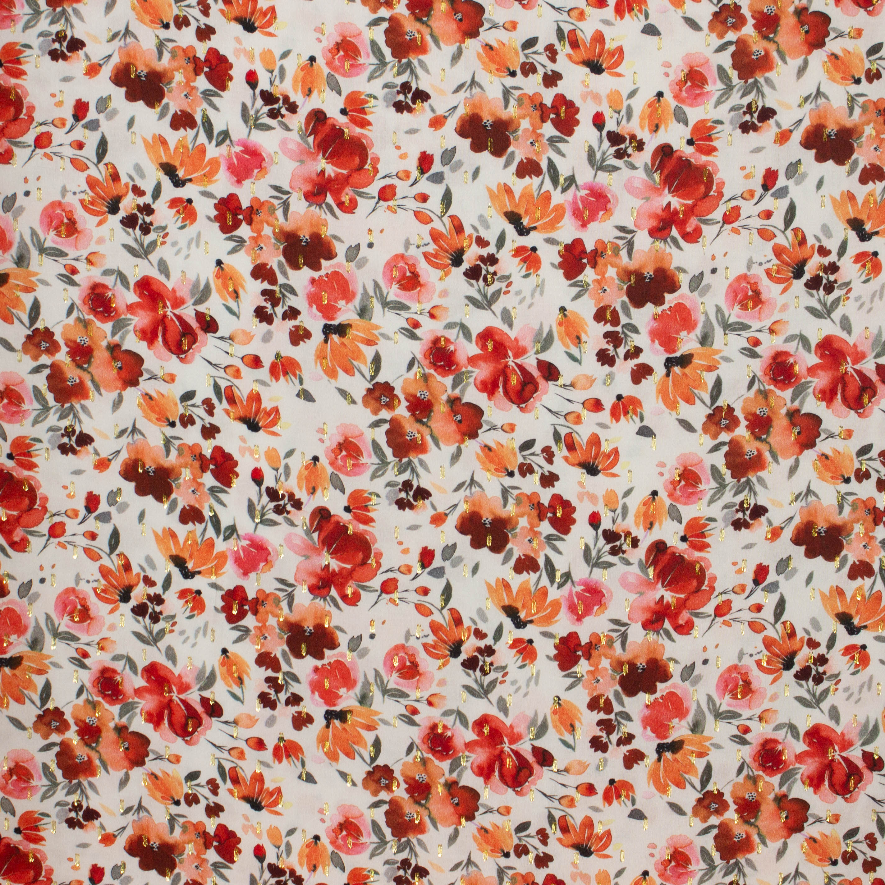 Viscose gebroken wit met bloemen en gouden streepjes