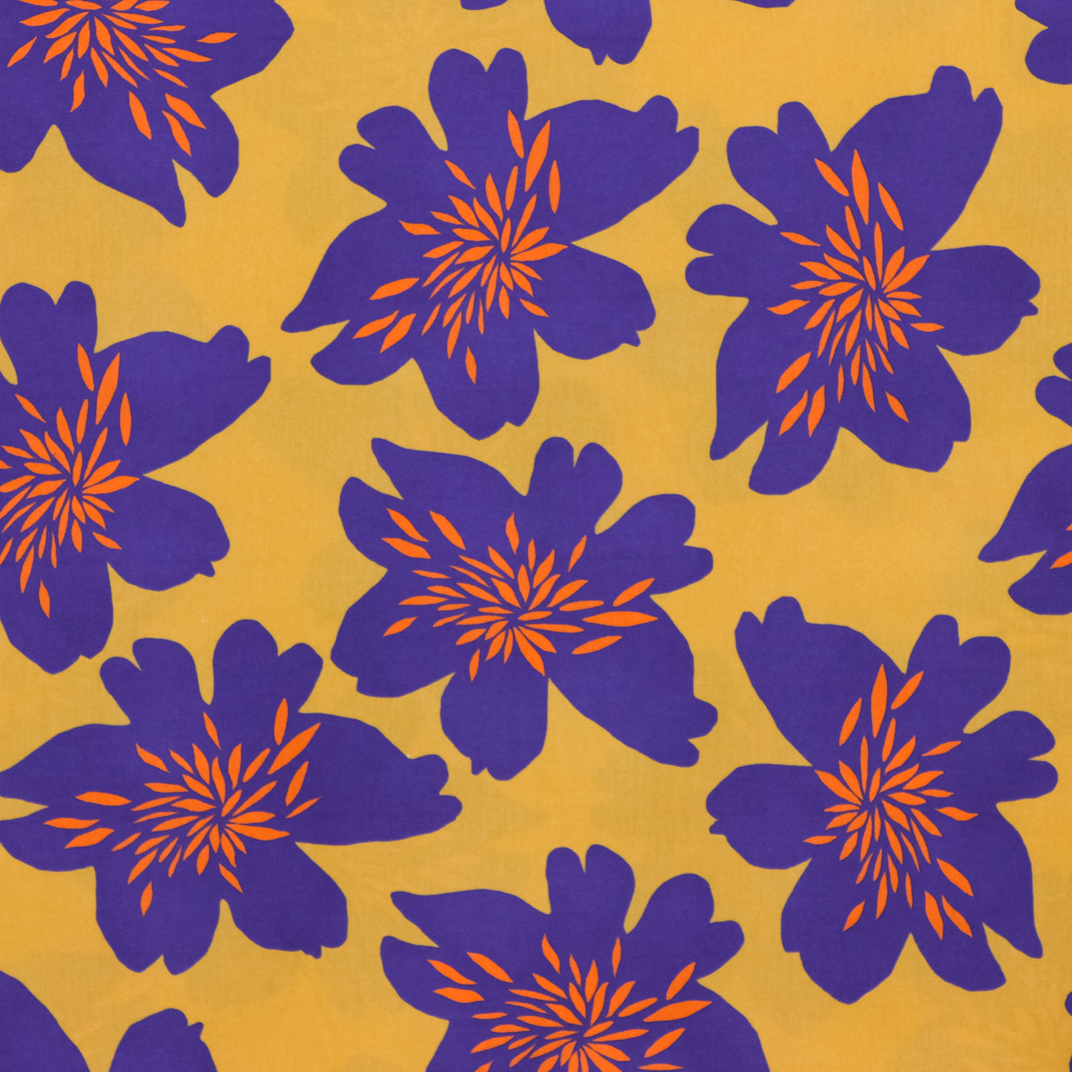Katoen mosterd met blauwe bloemen