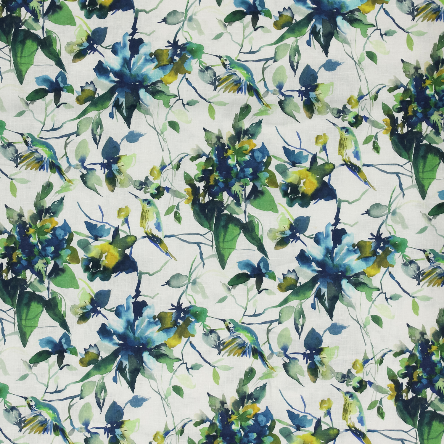 Linnen wit met blauwe bloemen en vogels - Alta Moda