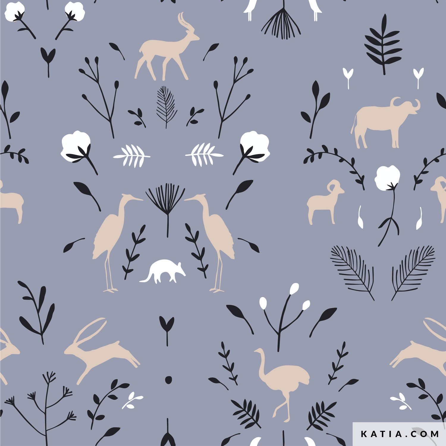 Sweaterstof blauw met dieren en planten - Katia