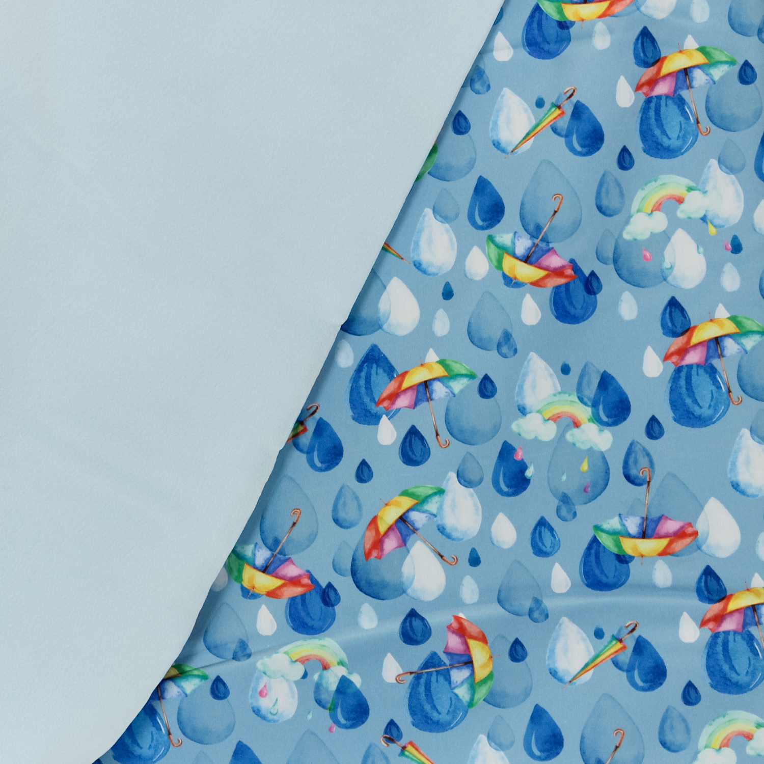 Softshell blauw met regendruppels, paraplu's en regenbogen