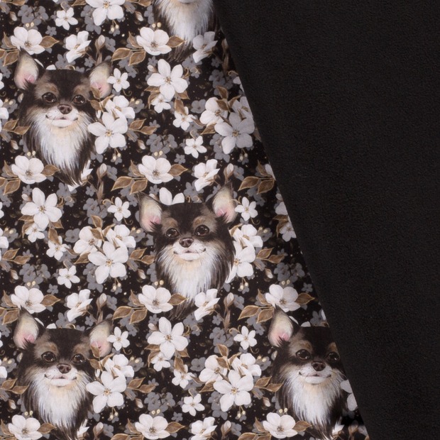 Softshell zwart met bloemen en honden