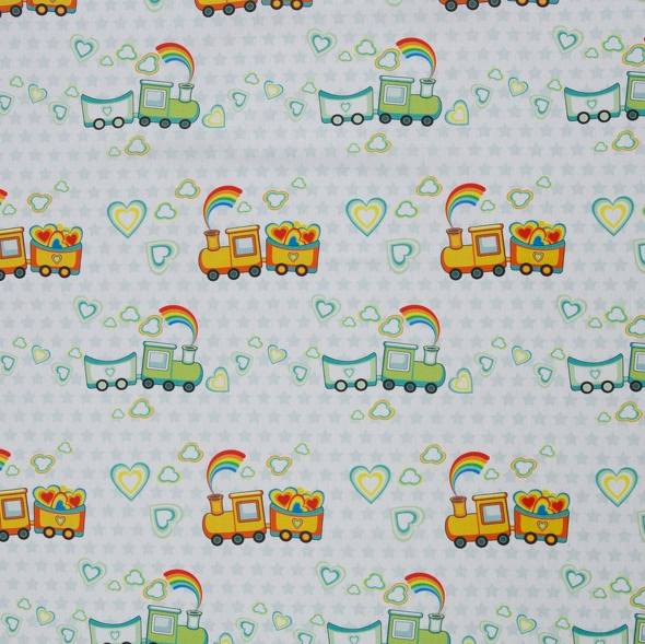 Katoen wit met sterretjes, hartjes en tractors