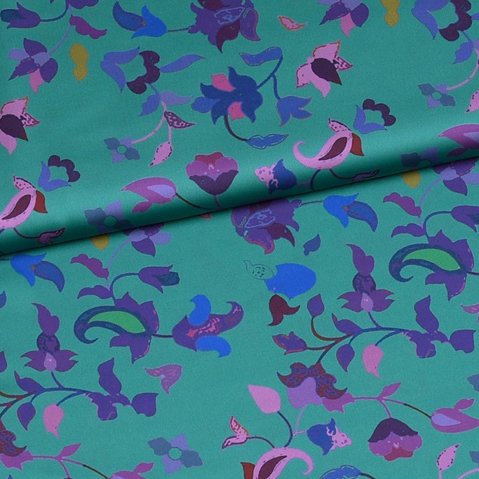 Gesatineerde polyester turquoise met bloemen