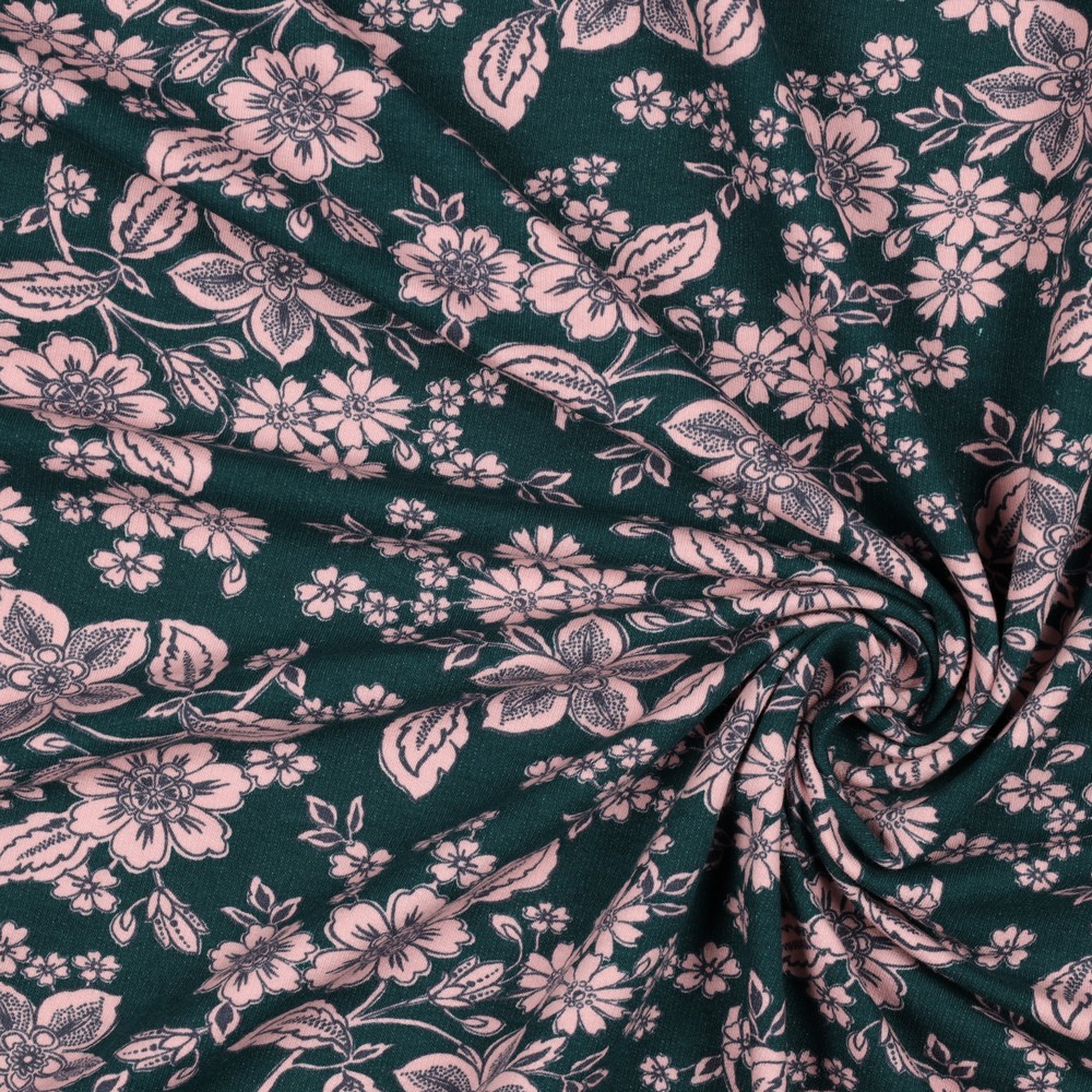 French terry groen met roze bloemen - Poppy