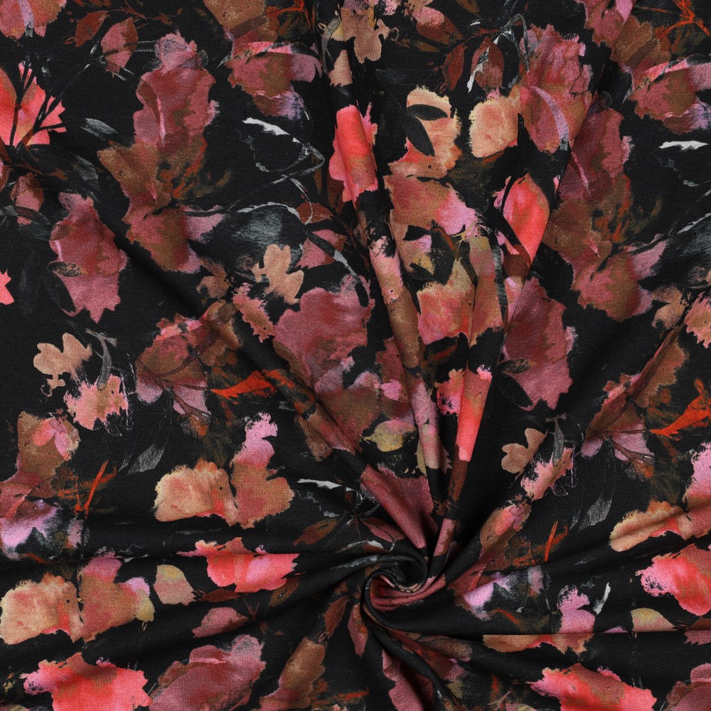 Katoen tricot zwart met bloemen - Poppy