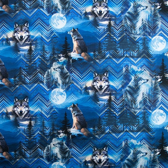 French terry gebrusht blauw met wolven 'Dark Forest'
