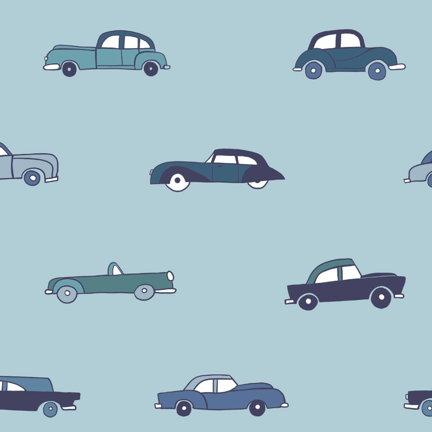 Katoen lichtblauw met oldtimers  - Katia Fabrics
