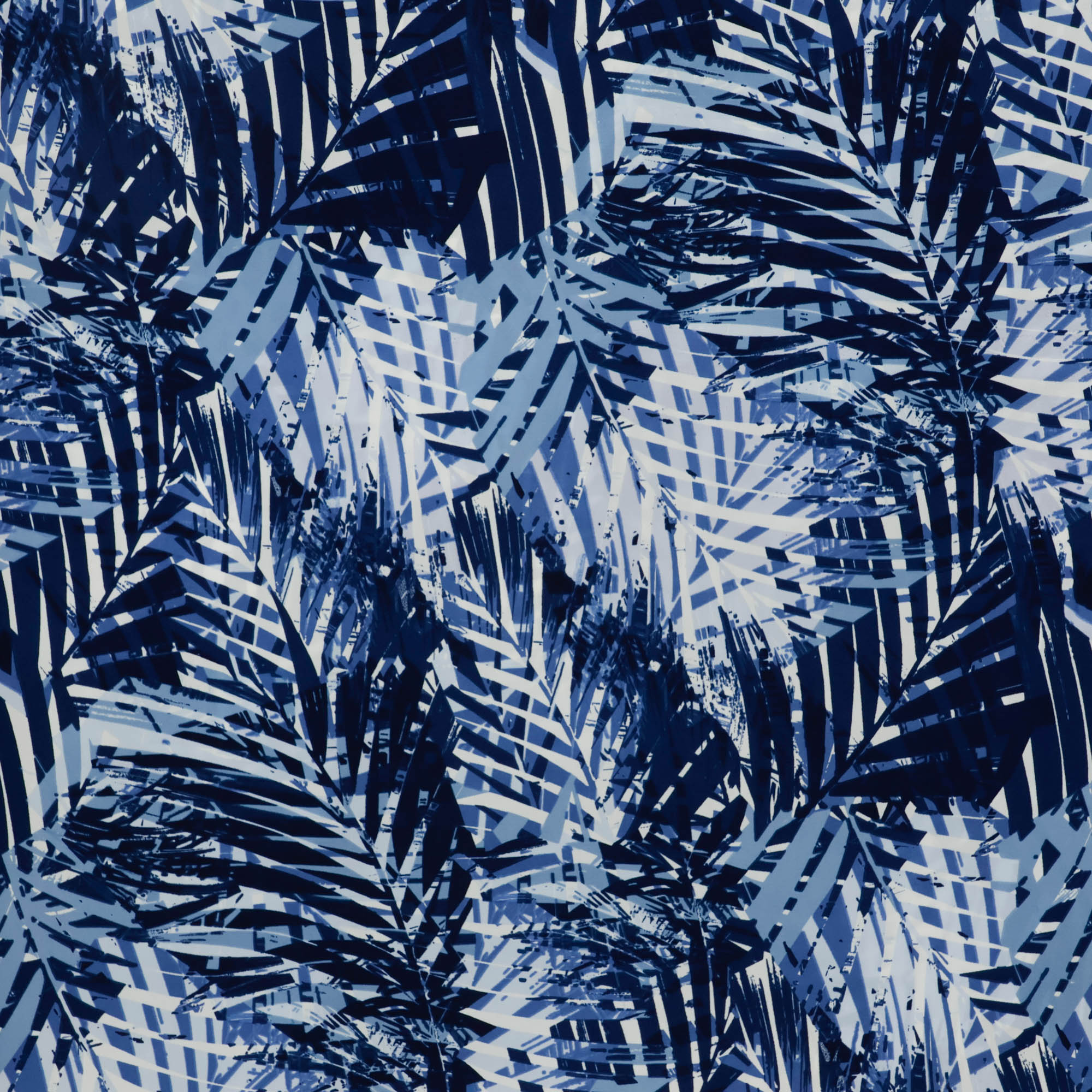 Polyester crêpe blauw met palm bladeren