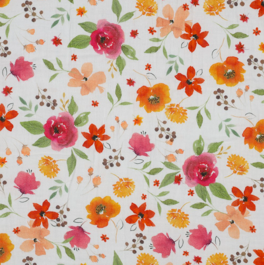 Double gauze wit met oranje en roze bloemen   - Poppy