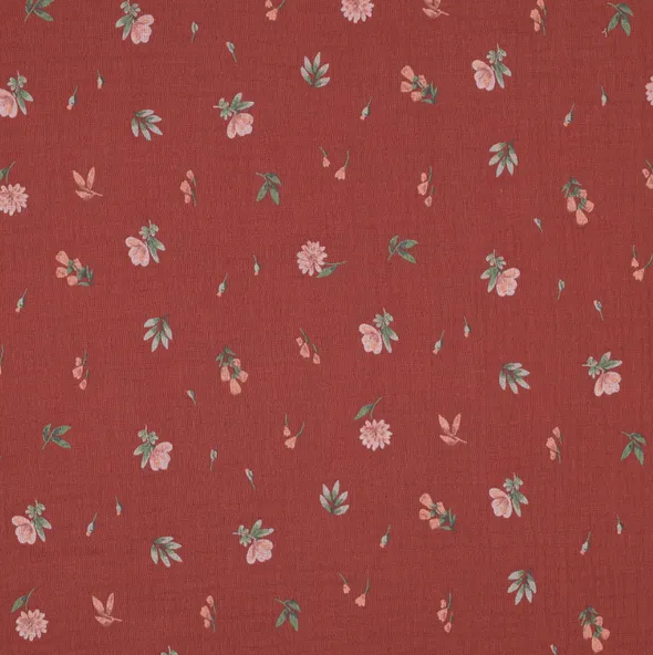 Double gauze kastanje bruin met zacht roze bloemetjes    - Poppy
