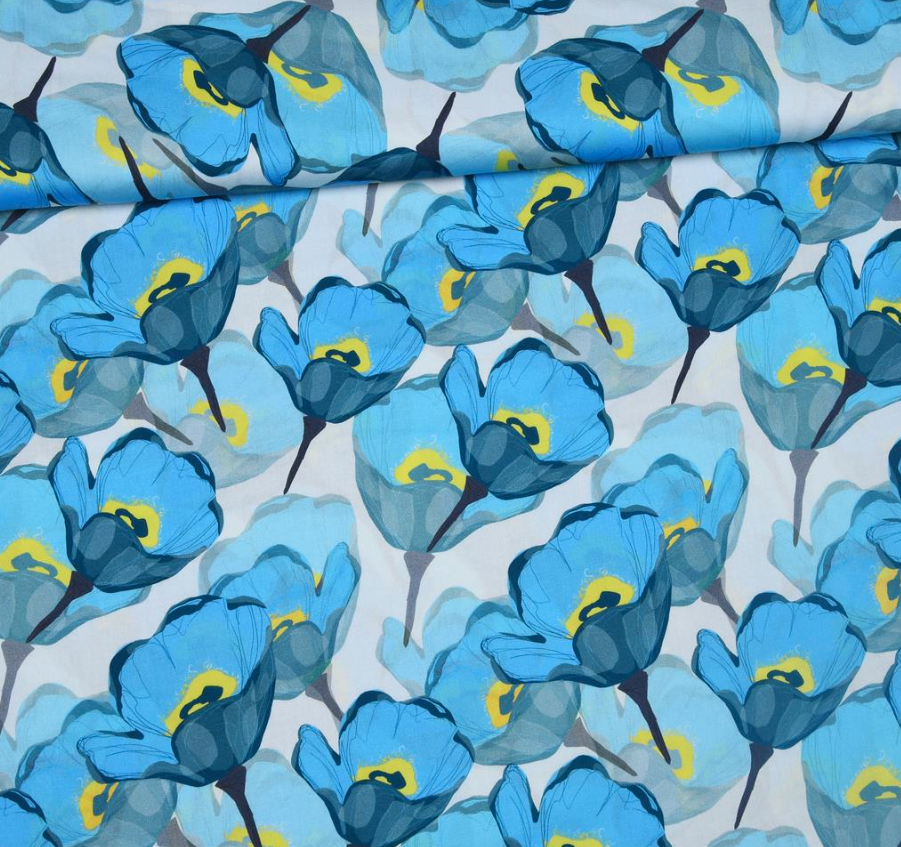 Viscose blauwe papavers   - Knipmode