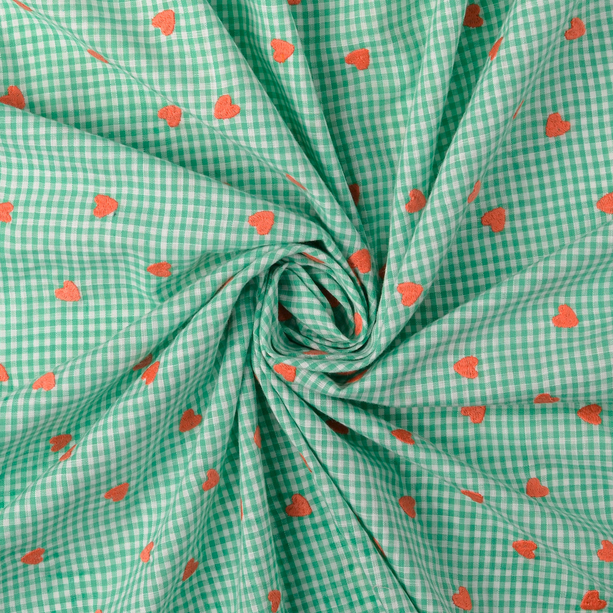 Katoen poplin stof geborduurd harten groen