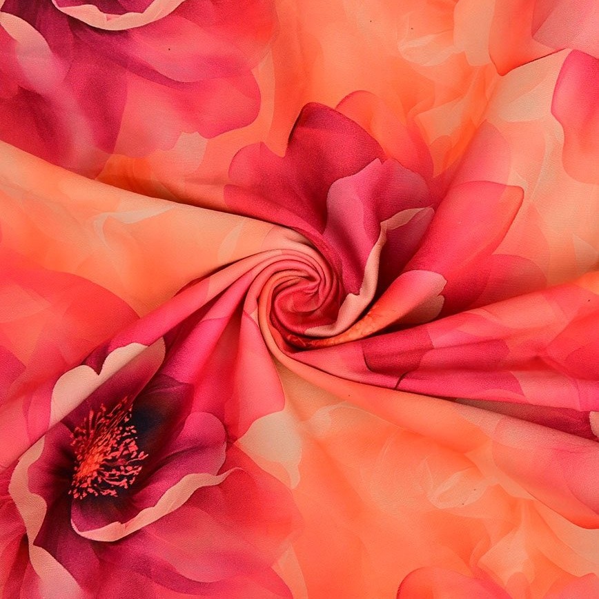 Katoen stretch met oranje/roze bloemen print