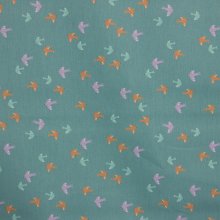 Petrolkleurige poplin met blauwe, paarse en oranje vogels