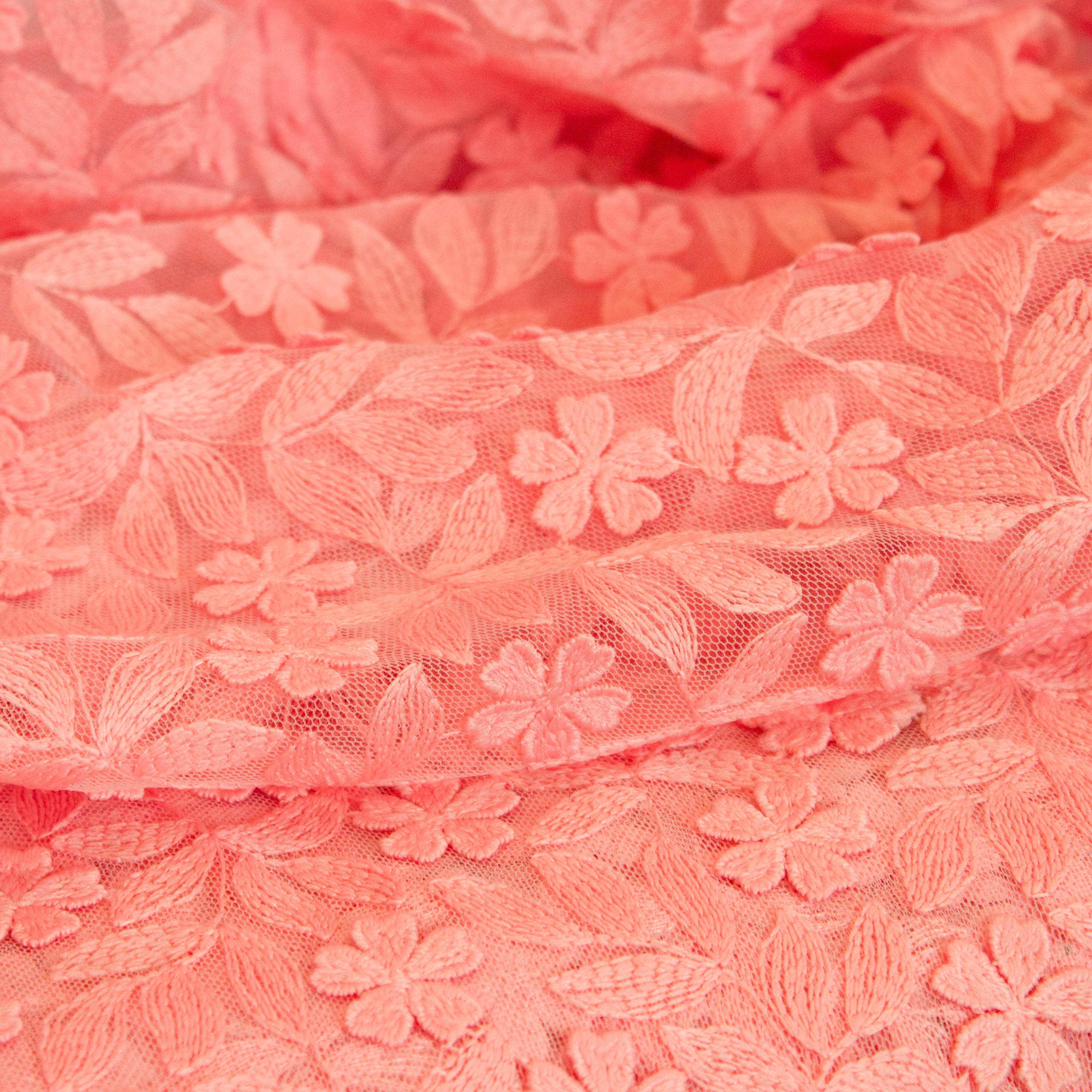 Tule kant broderie koraal met bloemen - Lorré