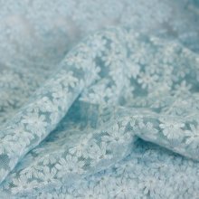 Tule kant broderie met turquoise blauw bloemen - Lorré